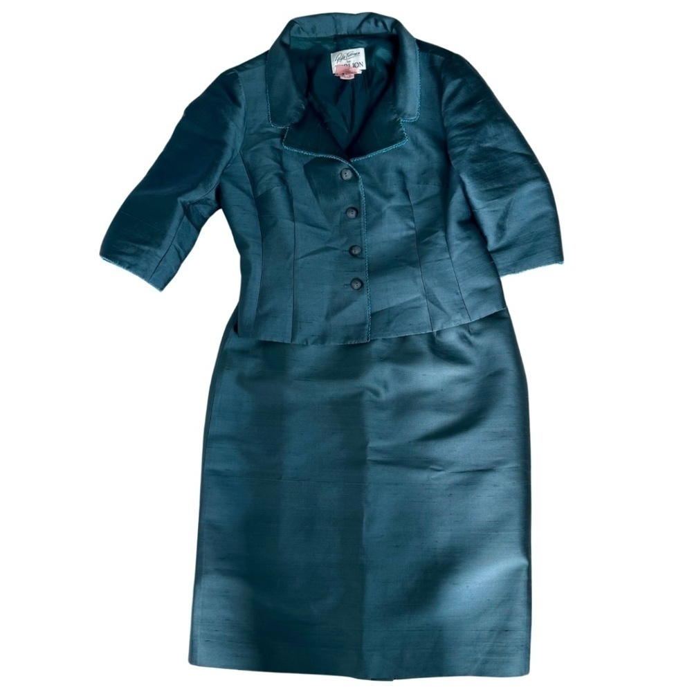 GORGEOUS Vintage Rickie Freeman For Teri Jon Silk Wool Blue Skirt Suit Set Sz 12
